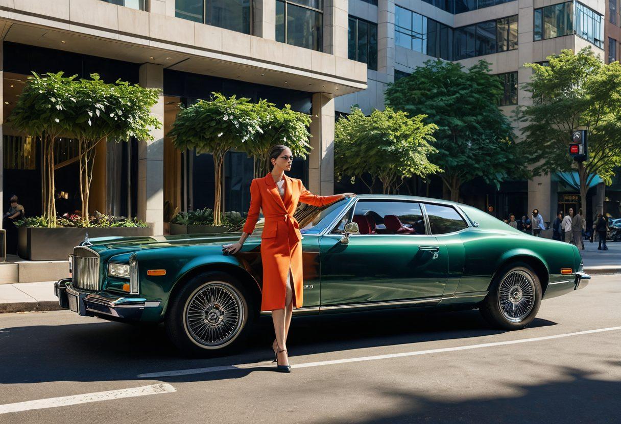 A dynamic scene showcasing an elegant automobile in a sunlit urban setting, featuring sleek lines and glossy finishes reflecting the surrounding architecture. Include a model dressed in stylish attire leaning against the car, exuding sophistication and charm. The backdrop should comprise modern buildings with glass facades, vibrant street life, and lush greenery. Emphasize a sense of luxury and allure in the atmosphere. super-realistic. vibrant colors.