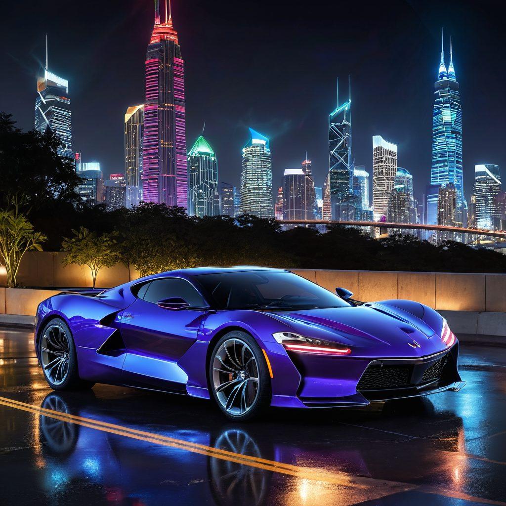 A stylish and seductive sports car parked under a neon-lit cityscape, showcasing its sleek lines and shiny exterior. The car reflects the vibrant lights of the surrounding skyscrapers, emphasizing its allure. Adding a hint of motion, feel a breeze that flutters the nearby city greenery, intertwining beauty with speed. Characters can be seen admiring the vehicle, enhancing the theme of attraction and desire. super-realistic. vibrant colors. night scene.